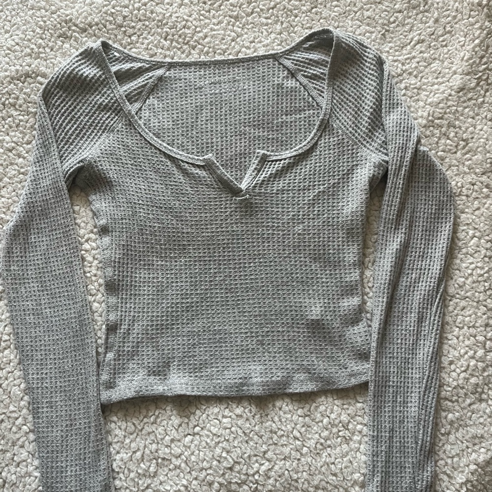 Gray Long Sleeve Waffle Knit Top